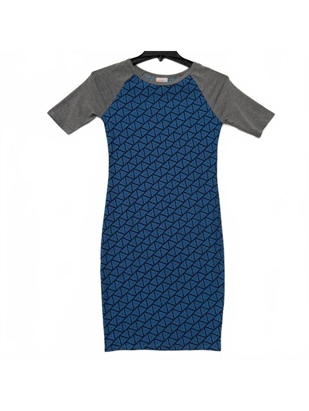 Lularoe Julia Raglan Dress Women's XS Blue Geometric Gray Sleeve Stretch